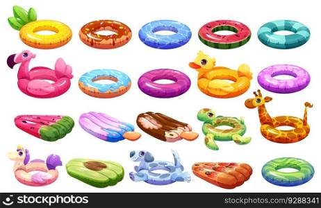 Inflatable rubber swim pool ring cartoon vector. Isolated float beach lifesaver accessory illustration. Duck, watermelon, unicorn and flamingo pattern lifebuoy for kid icon on white background.. Inflatable rubber swim pool ring cartoon vector