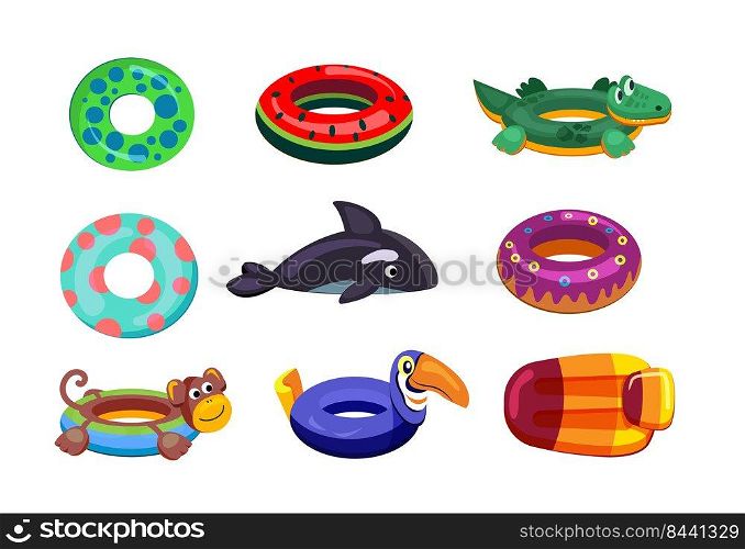 Inflatable swimming set. Cute floating toys, rubber rings, swimming mattress, whale, donut. Vector illustrations for swimming pool kids party, summer vacation, beach concept