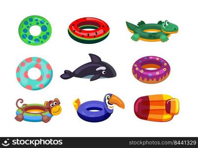 Inflatable swimming set. Cute floating toys, rubber rings, swimming mattress, whale, donut. Vector illustrations for swimming pool kids party, summer vacation, beach concept