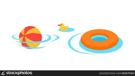 Inflatable Toys For Swimming In The Pool Vector.. Inflatable toys for swimming vector. Flat style design. Family holidays, games in the water. Summer vacation, kids swimming lessons concept. Ball, rescue circle, rubber duck in te pool. On white,