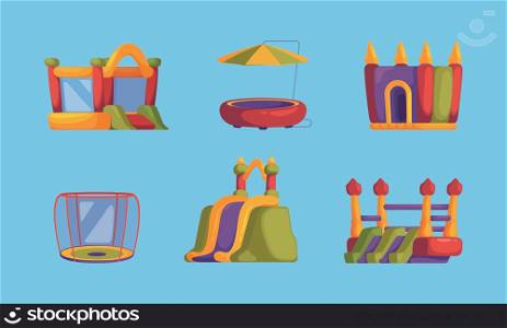 Inflatable trampolines. Jumping persons entertainment funny games for teenagers sport cheerful people balance tumbling garish vector cartoon illustrations. Trampoline entertainment for fun and play. Inflatable trampolines. Jumping persons entertainment funny games for teenagers sport cheerful people balance tumbling garish vector cartoon illustrations