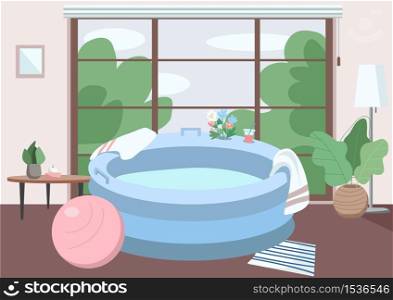 Inflatable tub at home flat color vector illustration. Prepared place for Lamaze technique childbirth. Furniture for alternative birth. House 2D cartoon interior with window on background. Inflatable tub at home flat color vector illustration