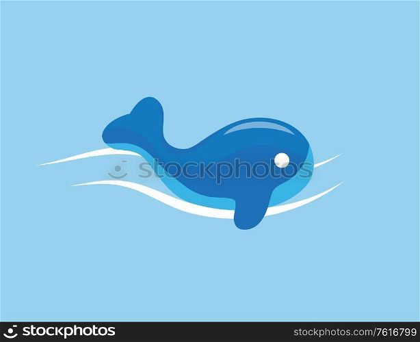 Inflatable whale in sea waters isolated cartoon toy. Vector blue fish, rubber animal lifebuoy or lifesaver, swimming equipment, nautical safety aid. Inflatable Whale in Sea Water Isolated Cartoon Toy
