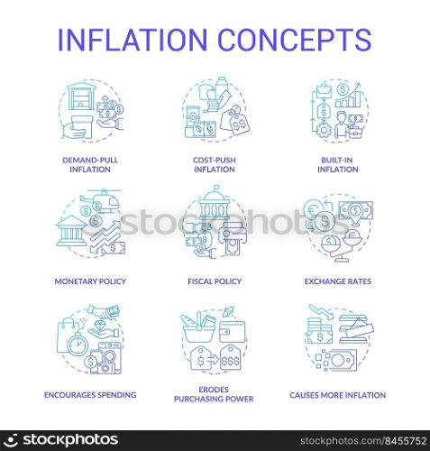 Inflation blue gradient concept icons set. Types and causes. Increasing prices. Purchasing power idea thin line color illustrations. Isolated symbols. Roboto-Medium, Myriad Pro-Bold fonts used. Inflation blue gradient concept icons set