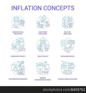Inflation blue gradient concept icons set. Types and causes. Increasing prices. Purchasing power idea thin line color illustrations. Isolated symbols. Roboto-Medium, Myriad Pro-Bold fonts used. Inflation blue gradient concept icons set
