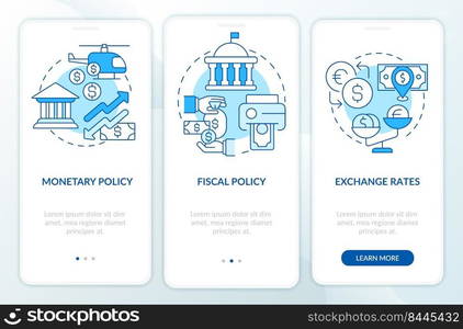 Inflation causes blue onboarding mobile app screen. Economic crisis walkthrough 3 steps editable graphic instructions with linear concepts. UI, UX, GUI template. Myriad Pro-Bold, Regular fonts used. Inflation causes blue onboarding mobile app screen