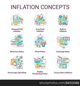 Inflation concept icons set. Types and causes. Increasing prices. Purchasing power idea thin line color illustrations. Isolated symbols. Editable stroke. Roboto-Medium, Myriad Pro-Bold fonts used. Inflation concept icons set