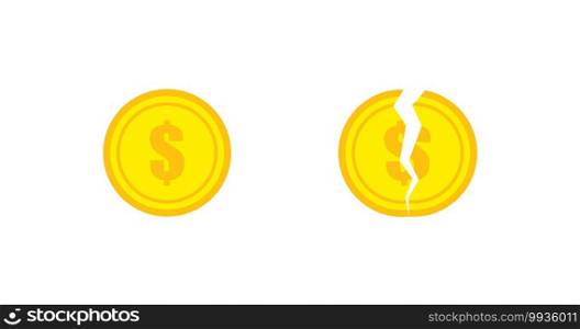 Inflation dollar. Cracked broken coin icon in flat. Money isolated vector illustration