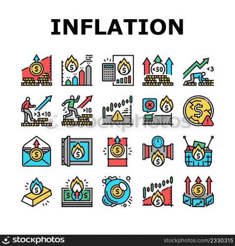 Inflation Financial World Problem Icons Set Vector. Core And Rate Inflation, Stagflation Online Market And Finance Hyperinflation, Deflation Money And Food Asset Color Illustrations. Inflation Financial World Problem Icons Set Vector