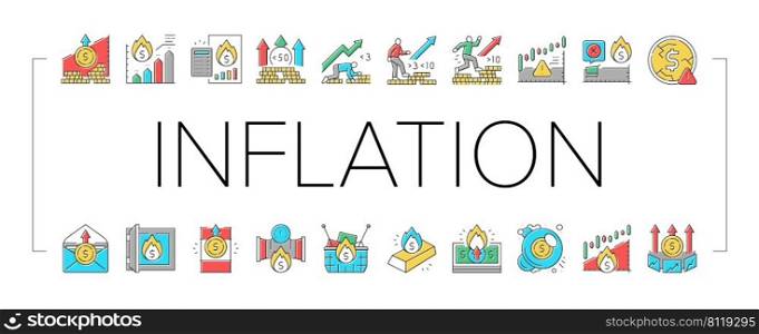 Inflation Financial World Problem Icons Set Vector. Core And Rate Inflation, Stagflation Online Market And Finance Hyperinflation, Deflation Money And Food Asset Color Illustrations. Inflation Financial World Problem Icons Set Vector