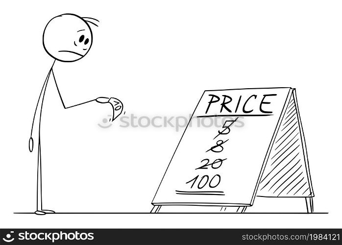 Inflation, goods cost more,you buy less for your money, vector cartoon stick figure or character illustration.. Inflation, You Buy Less For Your Money , Vector Cartoon Stick Figure Illustration