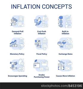 Inflation light blue concept icons set. Types and causes. Purchasing power idea thin line color illustrations. Isolated symbols. Editable stroke. Roboto-Medium, Myriad Pro-Bold fonts used. Inflation light blue concept icons set