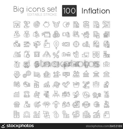 Inflation linear icons set. Increasing prices. Currency value. Economic crisis. Customizable thin line symbols. Isolated vector outline illustrations. Editable stroke. Quicksand-Light font used. Inflation linear icons set
