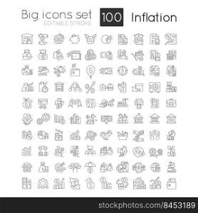 Inflation linear icons set. Increasing prices. Currency value. Economic crisis. Customizable thin line symbols. Isolated vector outline illustrations. Editable stroke. Quicksand-Light font used. Inflation linear icons set