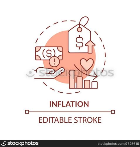 Inflation red concept icon. Rising cost. Consumer price index. Personal finance. Household budget. Financial crisis abstract idea thin line illustration. Isolated outline drawing. Editable stroke. Inflation red concept icon