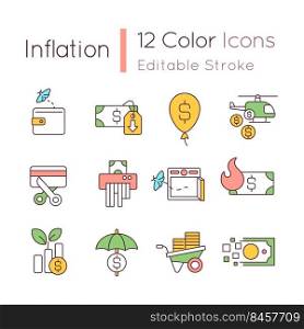 Inflation RGB color icons set. Currency value. Worthless money. Economic crisis. Isolated vector illustrations. Simple filled line drawings collection. Editable stroke. Quicksand-Light font used. Inflation RGB color icons set