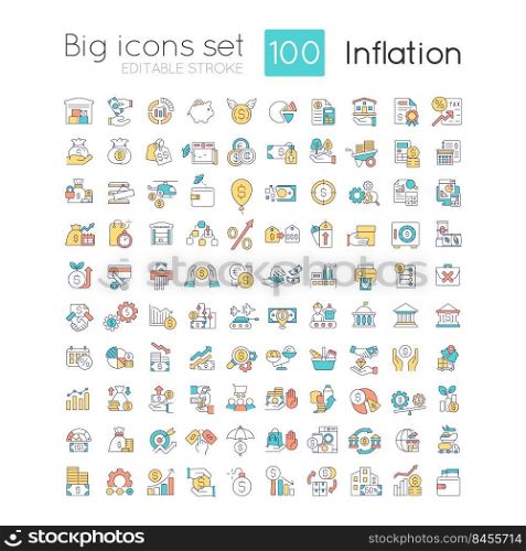 Inflation RGB color icons set. Increasing prices. Currency value. Economic crisis. Isolated vector illustrations. Simple filled line drawings collection. Editable stroke. Quicksand-Light font used. Inflation RGB color icons set