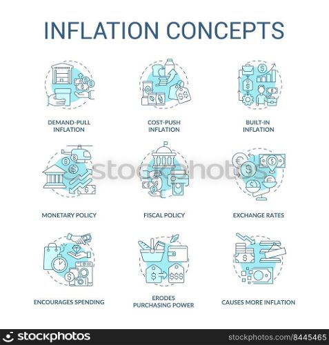 Inflation turquoise concept icons set. Increasing prices. Purchasing power idea thin line color illustrations. Isolated symbols. Editable stroke. Roboto-Medium, Myriad Pro-Bold fonts used. Inflation turquoise concept icons set