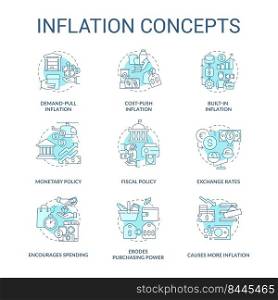 Inflation turquoise concept icons set. Increasing prices. Purchasing power idea thin line color illustrations. Isolated symbols. Editable stroke. Roboto-Medium, Myriad Pro-Bold fonts used. Inflation turquoise concept icons set