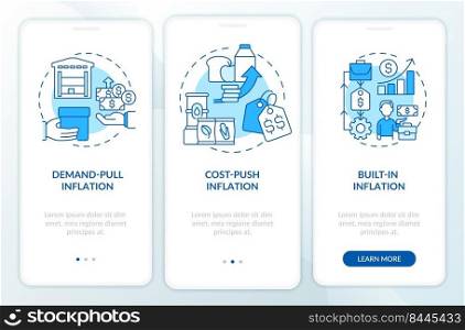 Inflation types blue onboarding mobile app screen. Increasing prices walkthrough 3 steps editable graphic instructions with linear concepts. UI, UX, GUI template. Myriad Pro-Bold, Regular fonts used. Inflation types blue onboarding mobile app screen
