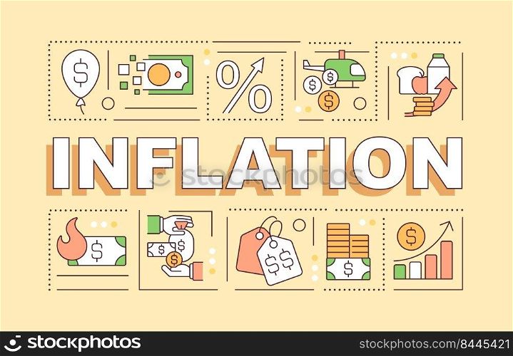 Inflation word concepts yellow banner. Rising prices. Infographics with editable icons on color background. Isolated typography. Vector illustration with text. Arial-Black font used. Inflation word concepts yellow banner