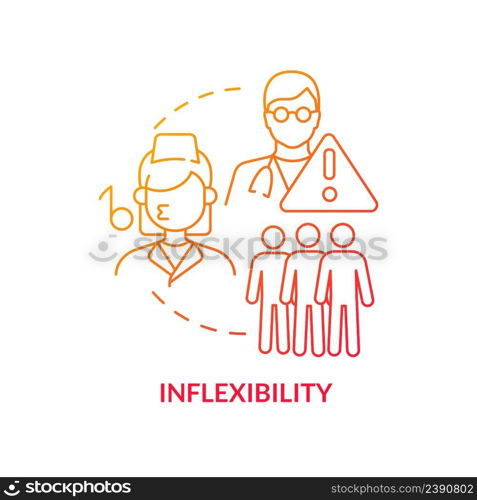 Inflexibility red gradient concept icon. Lack of access to healthcare abstract idea thin line illustration. Underutilised role of nurse. Isolated outline drawing. Myriad Pro-Bold font used. Inflexibility red gradient concept icon