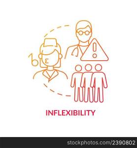 Inflexibility red gradient concept icon. Lack of access to healthcare abstract idea thin line illustration. Underutilised role of nurse. Isolated outline drawing. Myriad Pro-Bold font used. Inflexibility red gradient concept icon