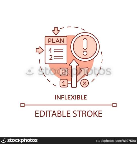Inflexible red concept icon. Business problem. Disadvantage of planning abstract idea thin line illustration. Isolated outline drawing. Editable stroke. Arial, Myriad Pro-Bold fonts used. Inflexible orange concept icon
