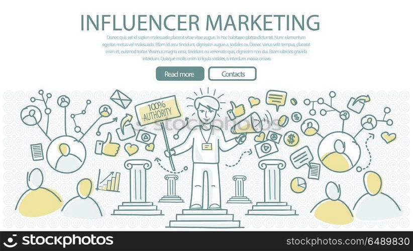 Influence Marketing Flat Style Vector Web Banner. Influence marketing conceptual web banner. Man character with loudspeaker and placard, internet network icons around. Two color line art vector. Authoritative expert. For marketing companies ad