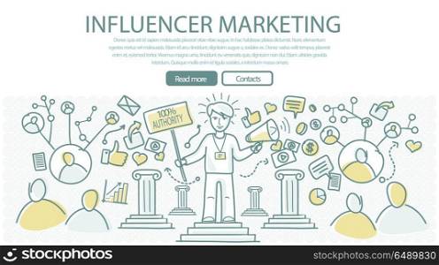 Influence Marketing Flat Style Vector Web Banner. Influence marketing conceptual web banner. Man character with loudspeaker and placard, internet network icons around. Two color line art vector. Authoritative expert. For marketing companies ad