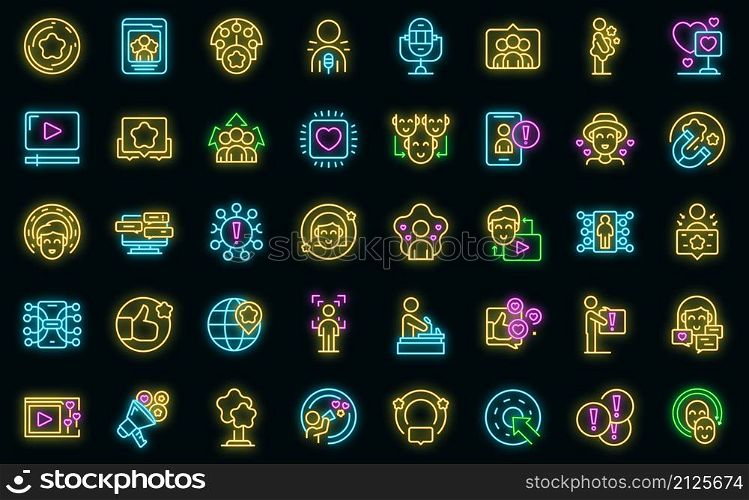 Influencer icons set outline vector. Video subscribe. View content. Influencer icons set vector neon