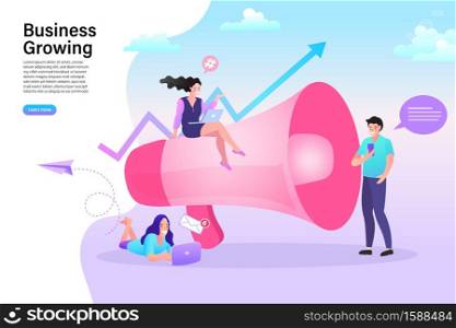 Influencer marketing concept. blogger promotion services and goods for her followers online. woman with megaphone on screen and young people surrounding her. Flat vector illustration.