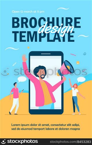 Influencer marketing concept. Male blogger with megaphone sharing information with audience on social media websites. Vector illustration for digital marketing, promotion, communication topics
