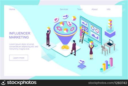 Influencer marketing isometric concept vector for landing page. Impact on B2C customers, potential buyers or consumer products in online market, Internet communication business in trendy flat style.. Influencer marketing isometric concept vector for landing page. Impact on B2C customers, potential buyers or consumer products in online market, Internet communication business