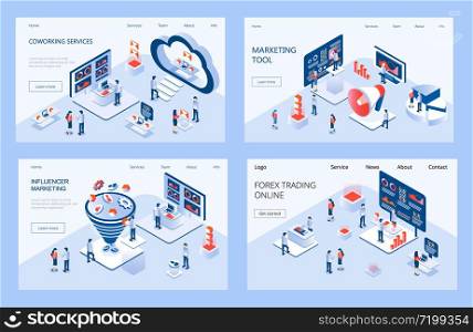 Influencer marketing isometric concept vector for landing page. Impact on B2C customers, potential buyers or consumer products in online market. Marketing e-commerce, data analysis tools.. Influencer marketing isometric concept vector for landing page. Impact on B2C customers, potential buyers or consumer products in online market.