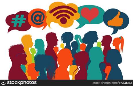 Influencer.Silhouette group of people talking and sharing ideas and information.Trend communication.Social network.Social media concept.Community.App symbols.Followers.Speech bubble