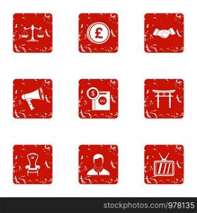 Influential person icons set. Grunge set of 9 influential person vector icons for web isolated on white background. Influential person icons set, grunge style