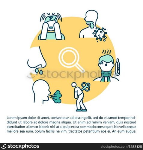 Influenza symptoms diagnosis concept icon with text. Nasal sickness. Headache and fever. PPT page vector template. Brochure, magazine, booklet design element with linear illustrations