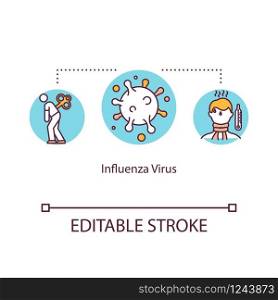 Influenza virus concept icon. Man with fever. H1N1 microorganism. Pathogen cell. Flu symptoms idea thin line illustration. Vector isolated outline RGB color drawing. Editable stroke