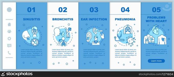 Influenza virus onboarding vector template. Otitis diagnosis. Vitamin intake. Chest pain. Lung problem. Responsive mobile website with icons. Webpage walkthrough step screens. RGB color concept