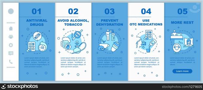 Influenza virus onboarding vector template. Prevent dehydration. Wear surgical mask. Healthcare. Responsive mobile website with icons. Webpage walkthrough step screens. RGB color concept