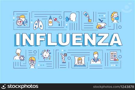 Influenza word concepts banner. Lung pain. Chest pain. Prescripted medicine. Infographics with linear icons on blue background. Isolated typography. Vector outline RGB color illustration