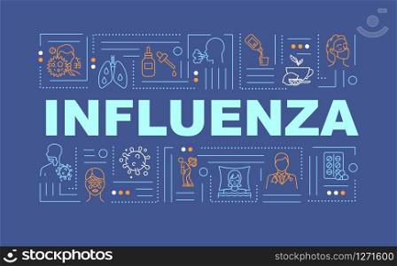 Influenza word concepts banner. Lung pain. Respiratory problem. Cough syrup. Infographics with linear icons on deep blue background. Isolated typography. Vector outline RGB color illustration