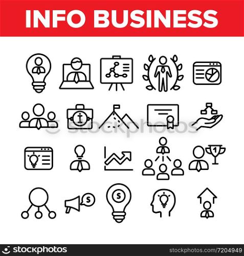 Info Business Collection Elements Icons Set Vector Thin Line. Human Businessman Silhouette In Light Bulb, Suitcase And Business Graph Concept Linear Pictograms. Monochrome Contour Illustrations. Info Business Collection Elements Icons Set Vector