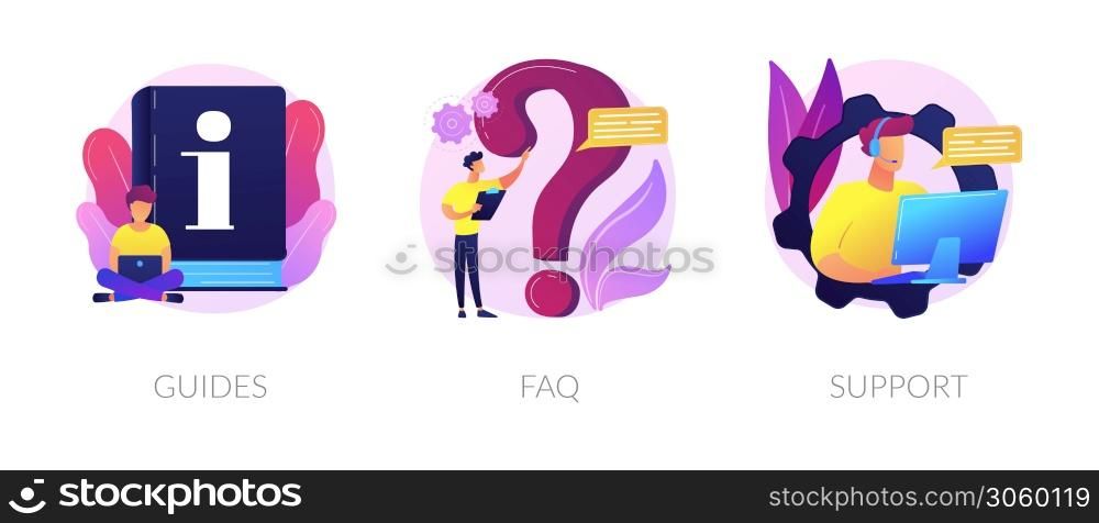 Info center, customer online communication web icons set. Helpdesk, clients assistance, helpful information. Guides, FAQ, support metaphors. Vector isolated concept metaphor illustrations. Website elements vector concept metaphors.