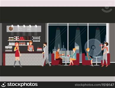 Info graphic of coffee shop . Barista with cup of coffee, man and women meeting in coffee shop, man dating with woman, waitress, working man, vector illustration.