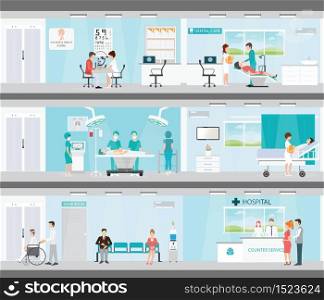 Info graphic of Medical services in hospitals, Patient And Doctor, interior building, dental care, emergency, ear nose throat, health care conceptual vector illustration.