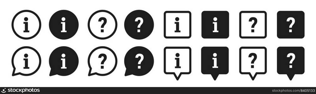 Info icon set. Information and Question mark icons isolated on white background. Speech bubble button. Chat icons. Help symbol. Vector illustration.. Info icon set. Information and Question mark icons isolated on white background. Speech bubble button.