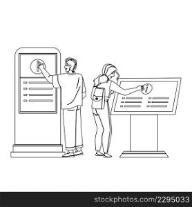 Info Kiosk Using People For Get Information Black Line Pencil Drawing Vector. Young Man And Woman Use Interactive Info Kiosk Service, Click Display With Touchscreen Technology. Characters Illustration. Info Kiosk Using People For Get Information Vector