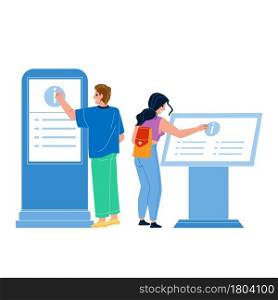Info Kiosk Using People For Get Information Vector. Young Man And Woman Use Interactive Info Kiosk Service, Click Display With Touchscreen Technology. Characters Flat Cartoon Illustration. Info Kiosk Using People For Get Information Vector